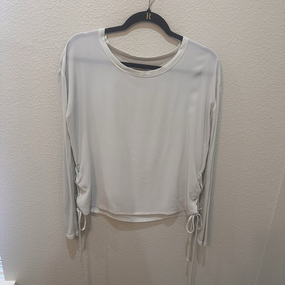 Chaser Silk Long Sleeve Side Tie Top XS Beige Neutral Minimalist Soft Girl